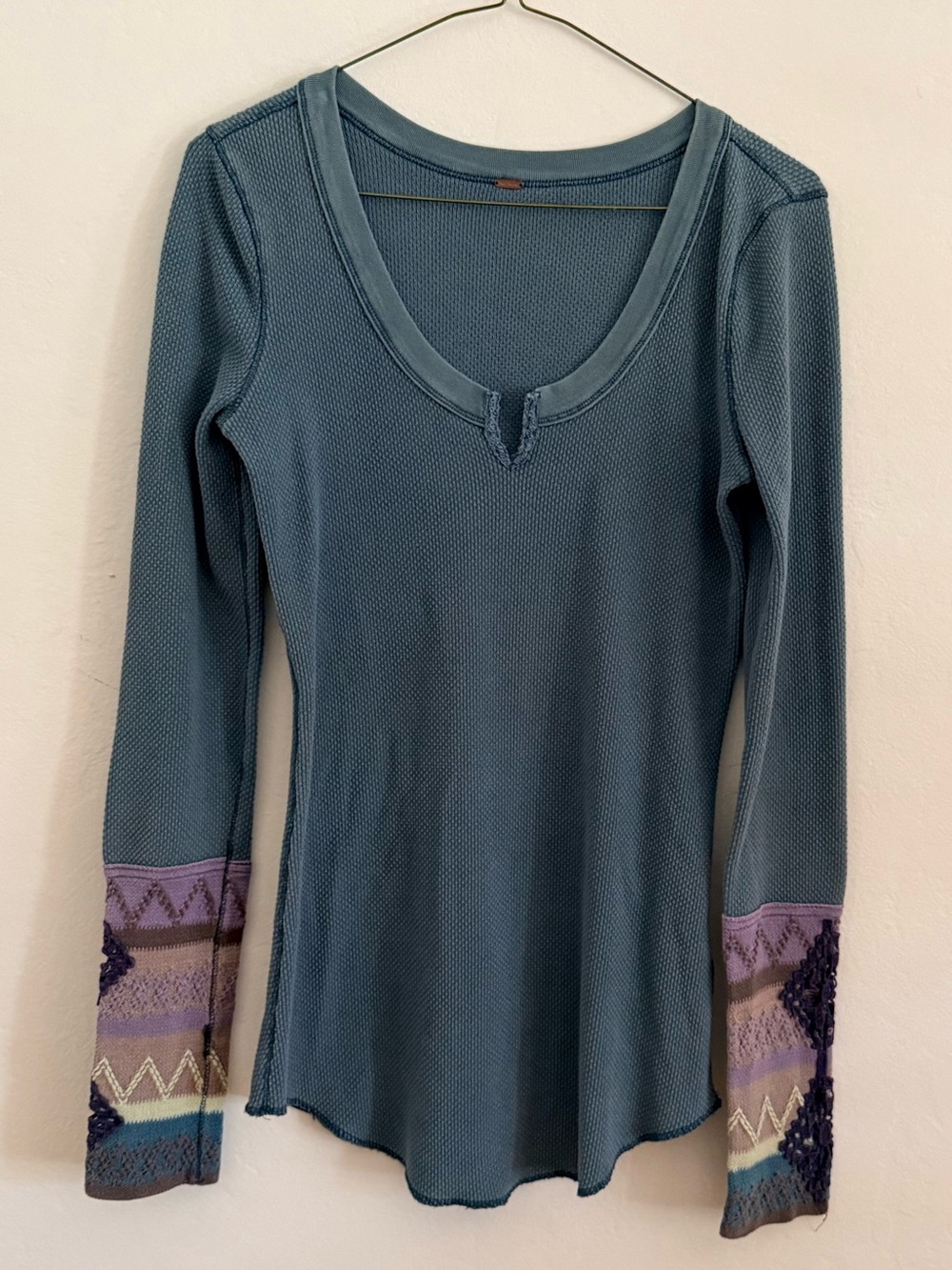 Free People Teal Long-Sleeve Thermal Top with Patterned Crochet Cuffs